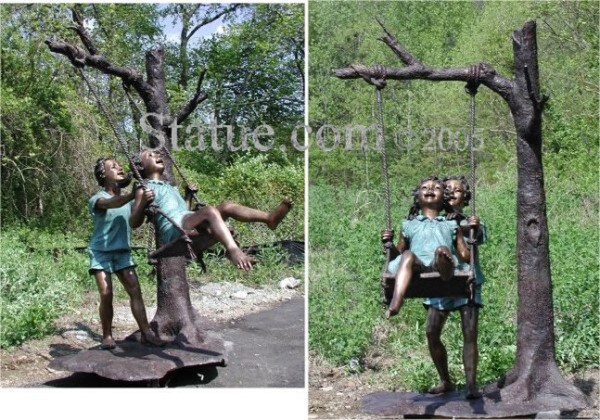 Life Size Bronze Statue of Children playing on Swing made from Tree